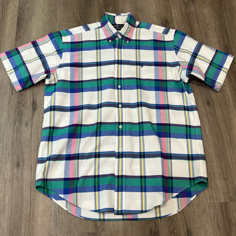 Mens Polo Ralph Lauren Size M Short Sleeve Button Down Plaid Blaire Oxford Shirt